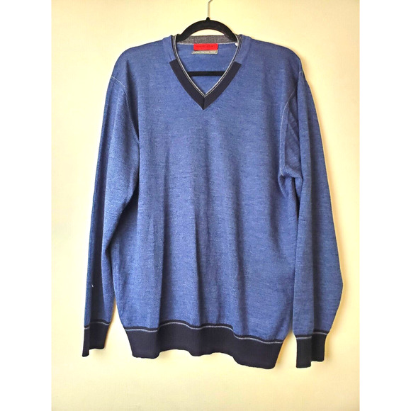 Luchiano Visconti Men XL Sweater Navy Blue Italian Merino Wool V-Neck Pullover - Picture 10 of 10